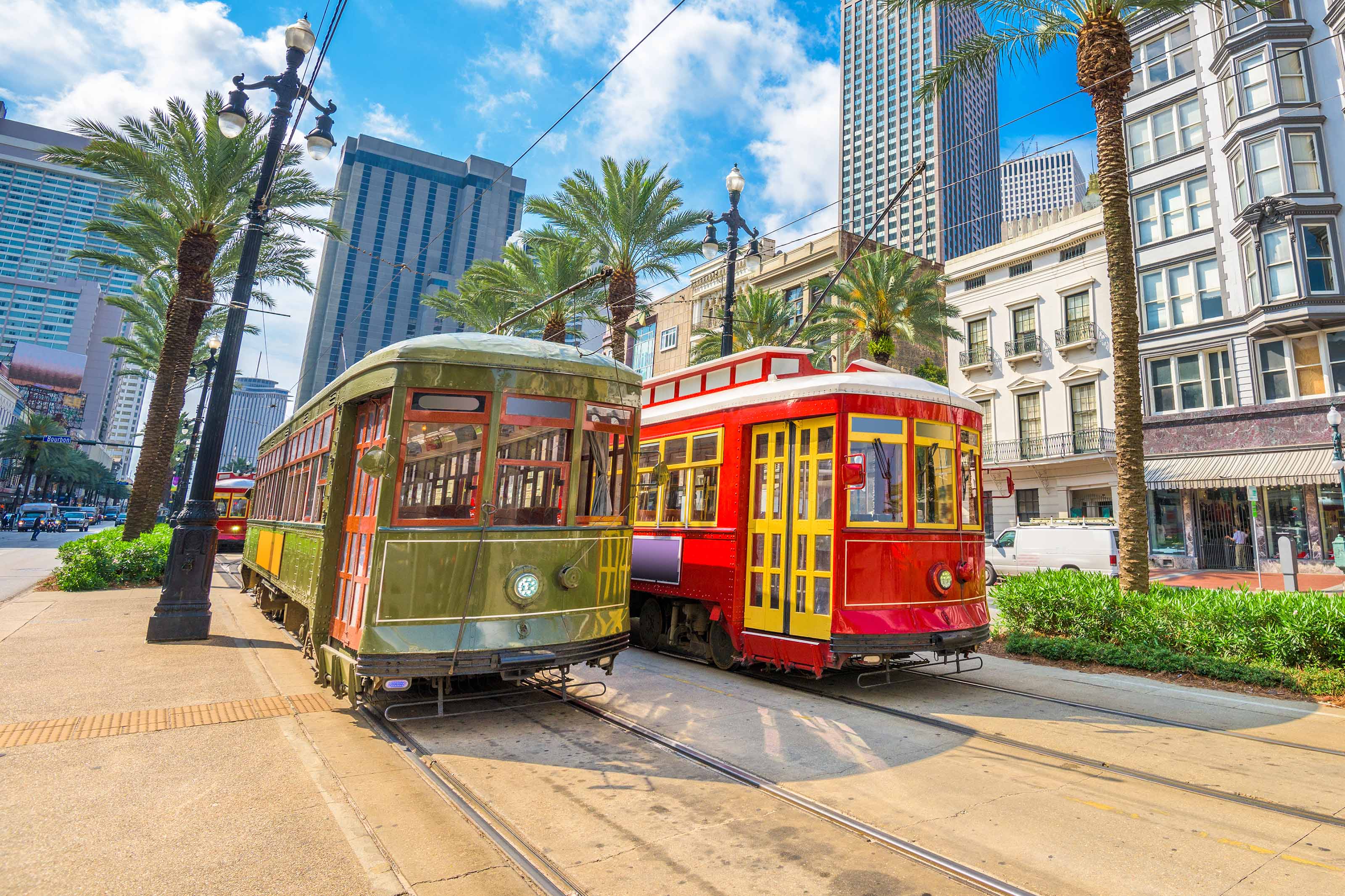 trolley cars in New Orleans on a bright sunny day