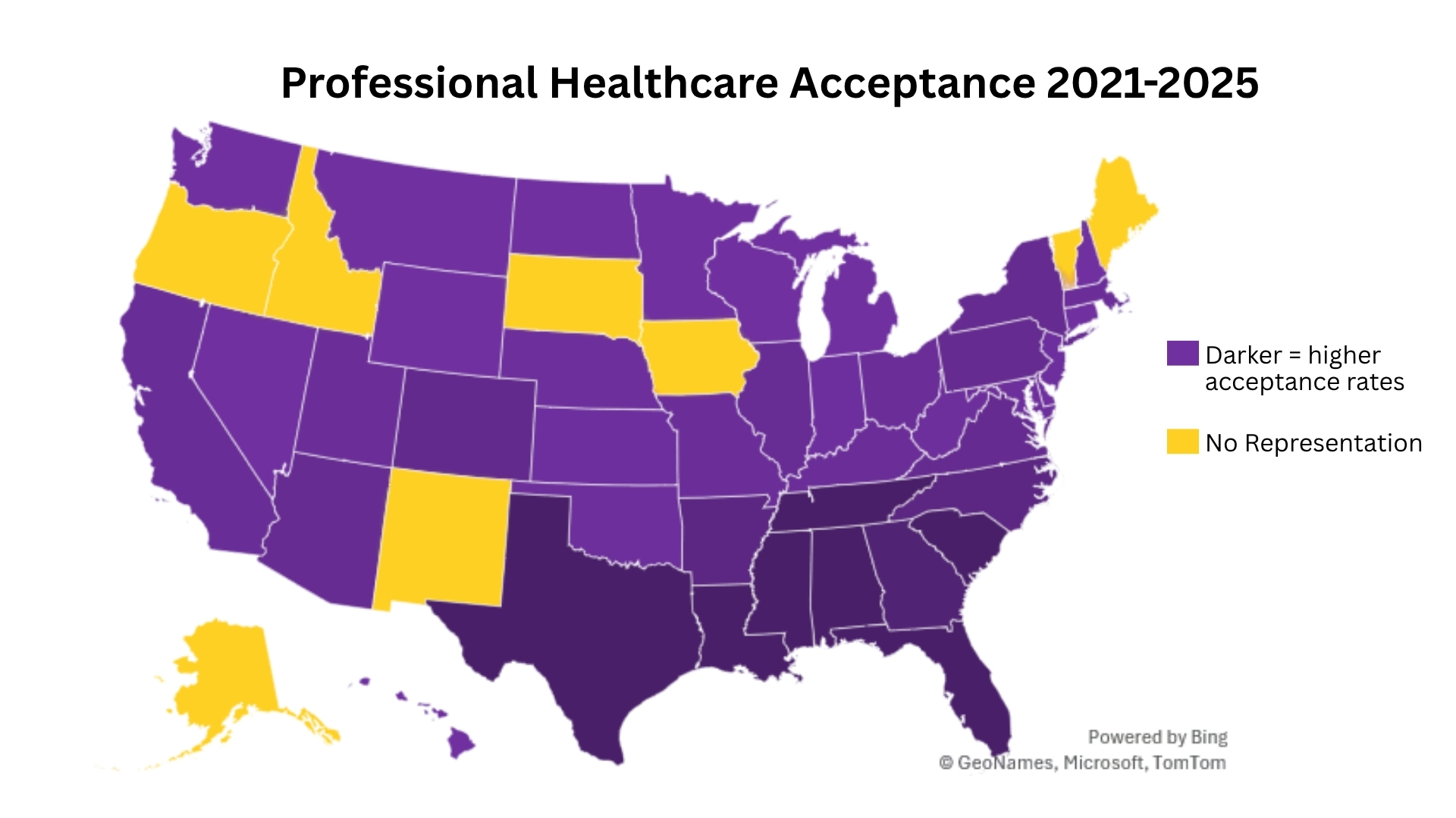 Map of the United States showing professional healthcare acceptance rates from 2021–2025. States shaded purple represent varying acceptance rates, with darker purple indicating higher rates. Yellow indicates states with no representation.